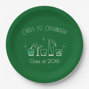 Cap and Cocktail Graduation Party Dark Green Paper Plate
