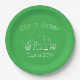 Cap and Cocktail Graduation Party Green Paper Plate