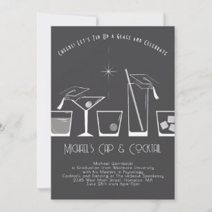 Cap and Cocktail Graduation Party Grey Invitation