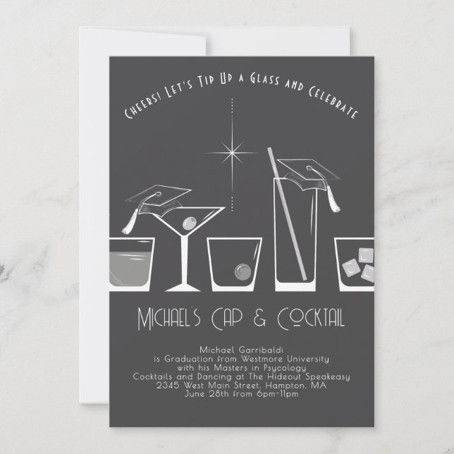 Cap and Cocktail Graduation Party Grey Invitation (Front)