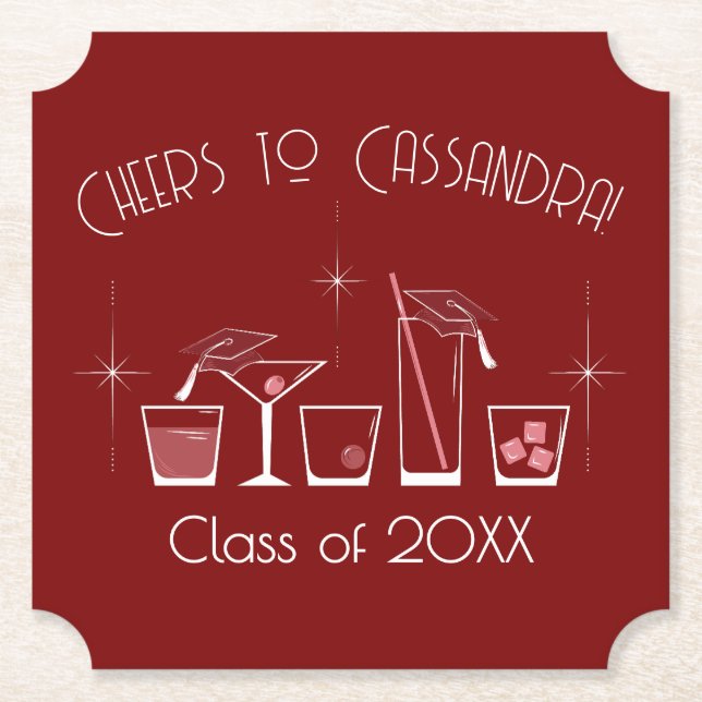 Cap and Cocktail Graduation Party Maroon Paper Coaster (Front)