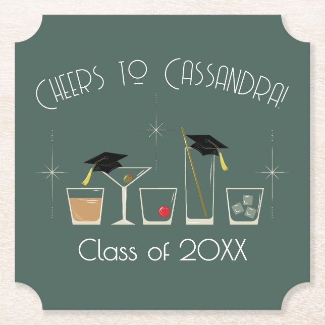 Cap and Cocktail Graduation Party Paper Coaster (Front)