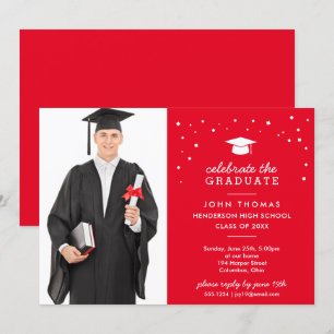 Cap and Confetti with Photo, Red Graduation Invitation