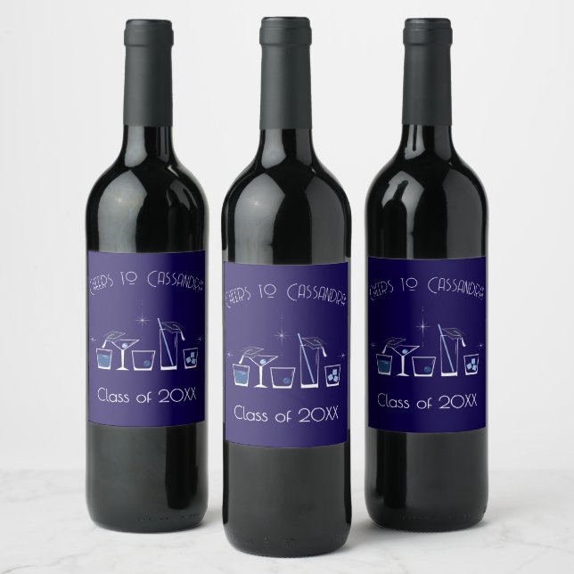 Cap Cocktail Graduation Party Navy Blue Bar Menu Wine Label (Bottles)