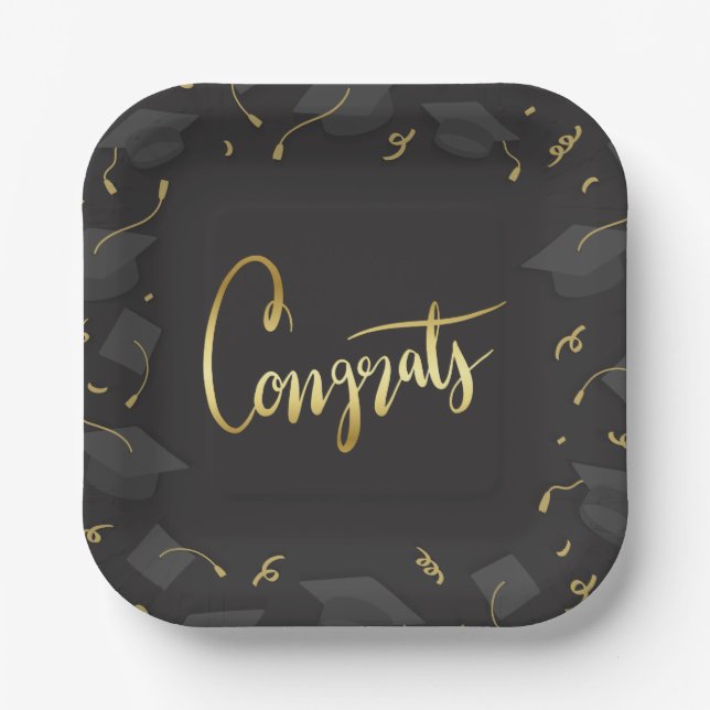 Cap & Confetti Graduation Congrats Paper Plate (Front)