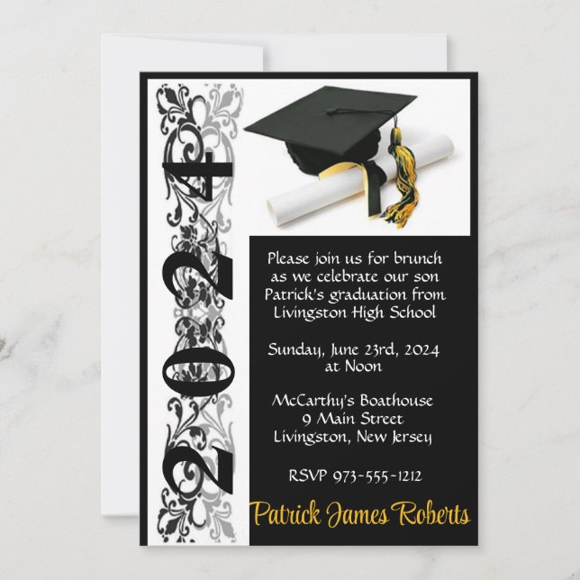 Cap & Diploma 5x7 Black & Gold Graduation Invitation (Front)