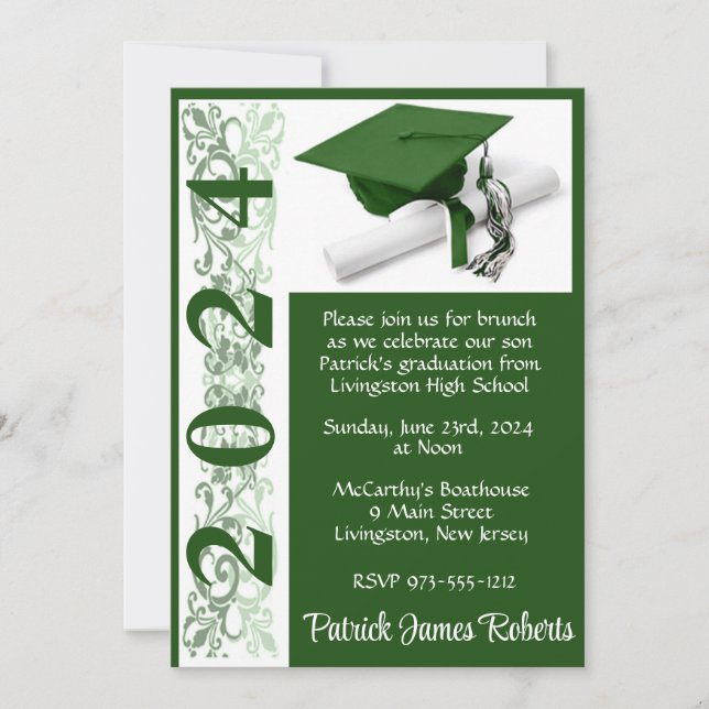 Cap & Diploma 5x7 Green and White Graduation Invitation (Front)