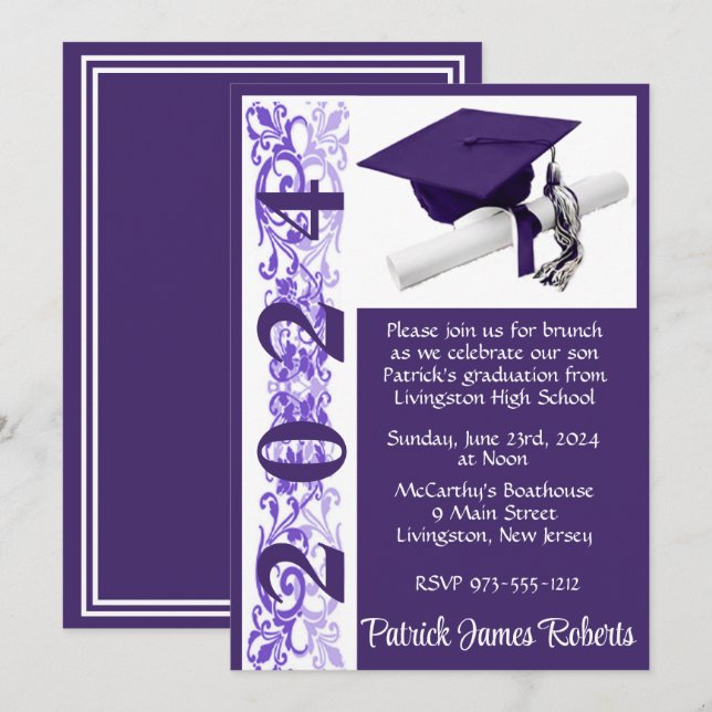 Cap & Diploma 5x7 Purple & White Graduation Invitation (Front/Back)