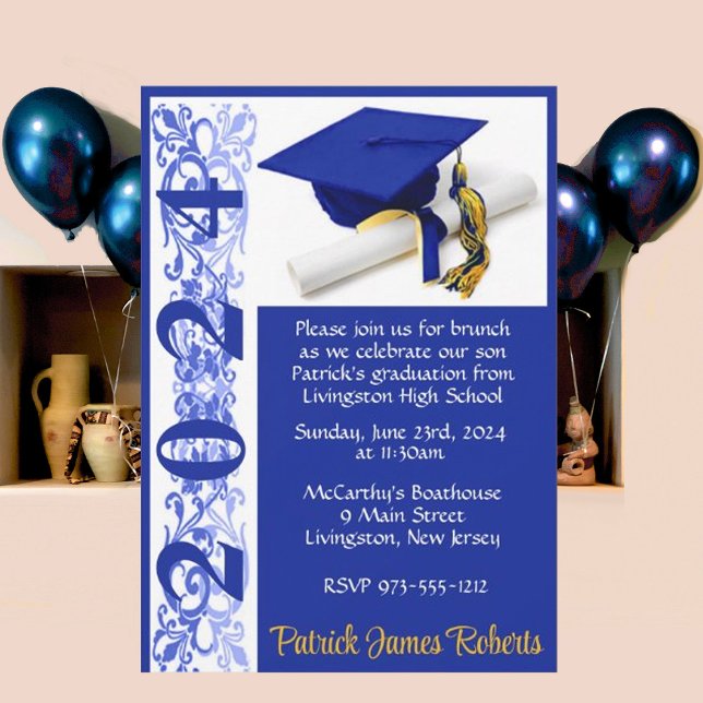 Cap & Diploma 5x7 Royal Blue & Gold Graduation Invitation (Creator Uploaded)