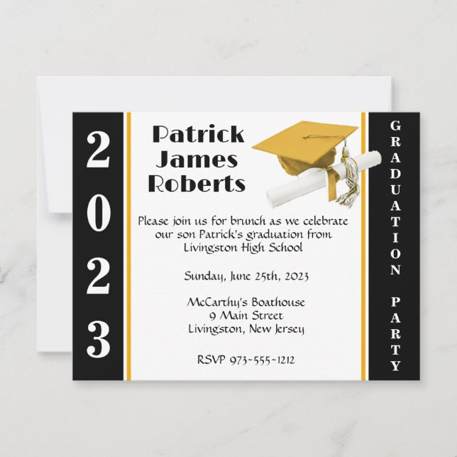 Cap & Diploma, Black & Gold Graduation Invitation (Front)