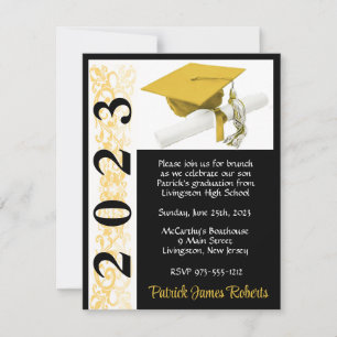 Cap & Diploma, Black & Gold Graduation Invitation
