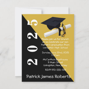 Cap & Diploma, Black & Metallic Gold Graduation Invitation