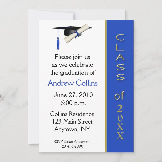 Cap Diploma Blue Gold Graduation Invitation (Front)