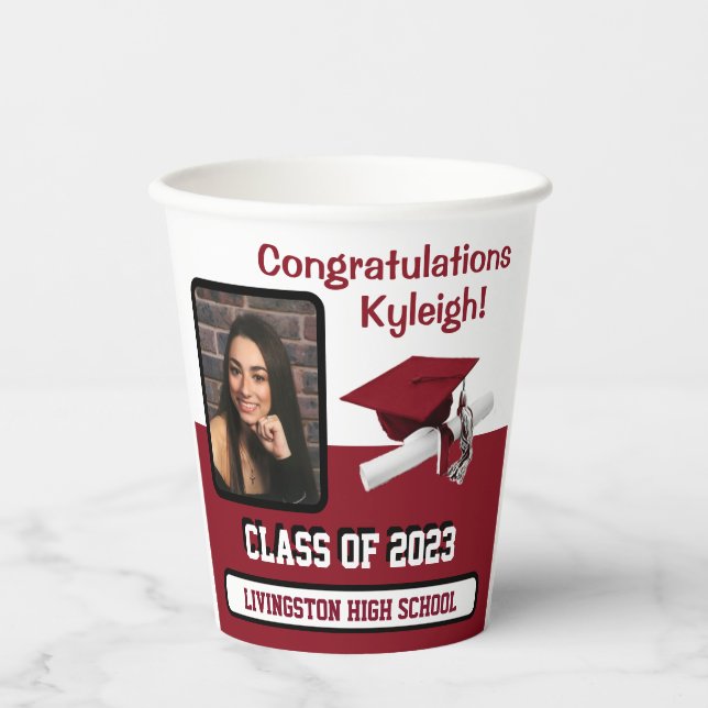 Cap & Diploma, Cardinal Red & White Graduation Paper Cups (Front)