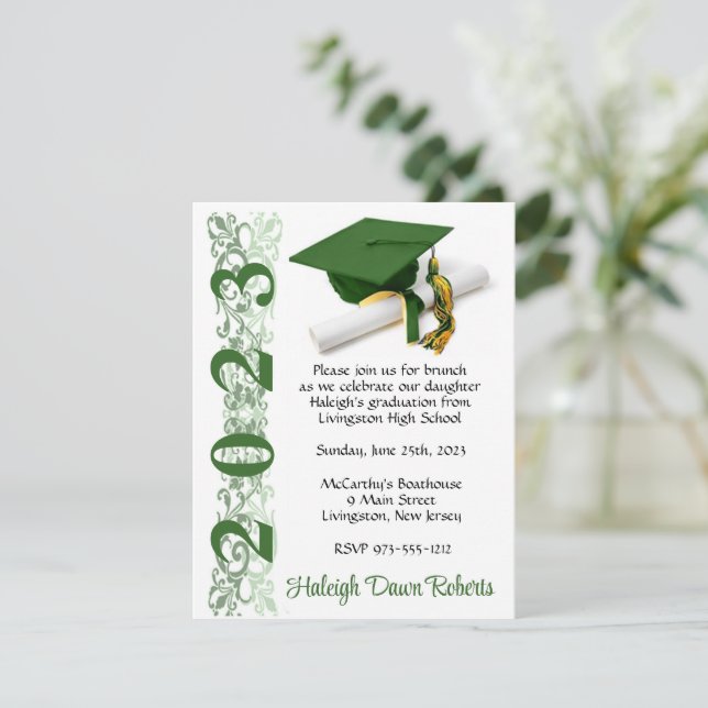 Cap & Diploma, Green & Gold Graduation Invitation (Standing Front)