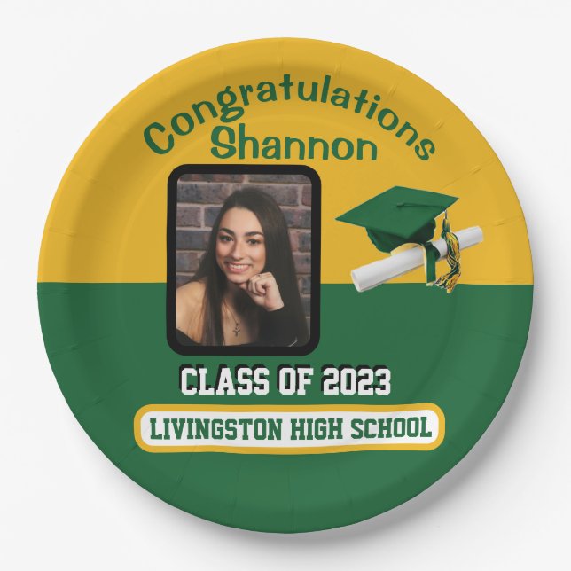 Cap & Diploma, Green & Gold Graduation Paper Plate (Front)