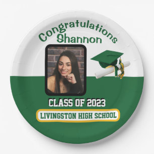 Cap & Diploma, Green, White, & Gold Graduation Paper Plate