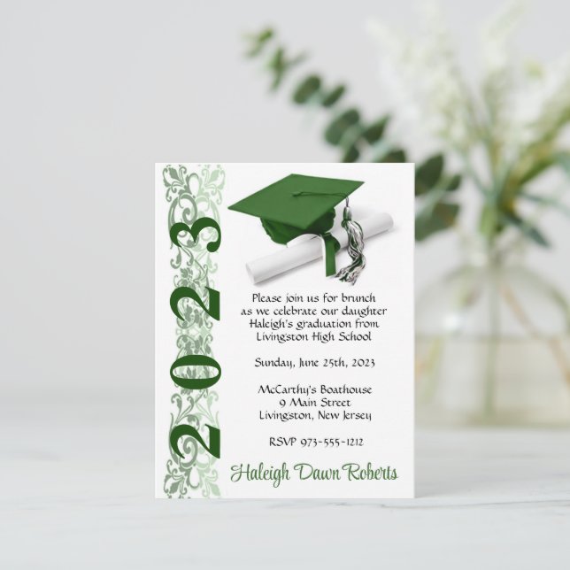 Cap & Diploma, Green & White Graduation Invitation (Standing Front)