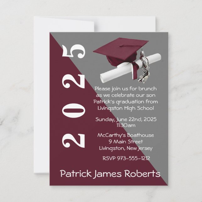 Cap & Diploma, Maroon & Grey Graduation Invitation (Front)