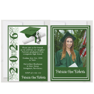 Cap & Diploma Photo, Green and White Graduation Invitation