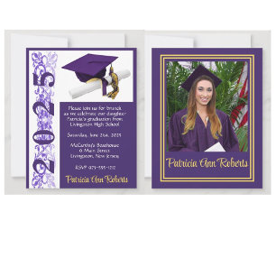 Cap & Diploma Photo, Purple & Gold Graduation Invitation