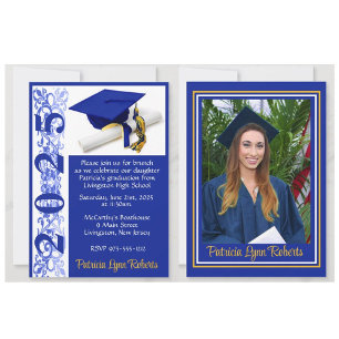Cap & Diploma Photo Royal Blue & Gold Graduation Invitation