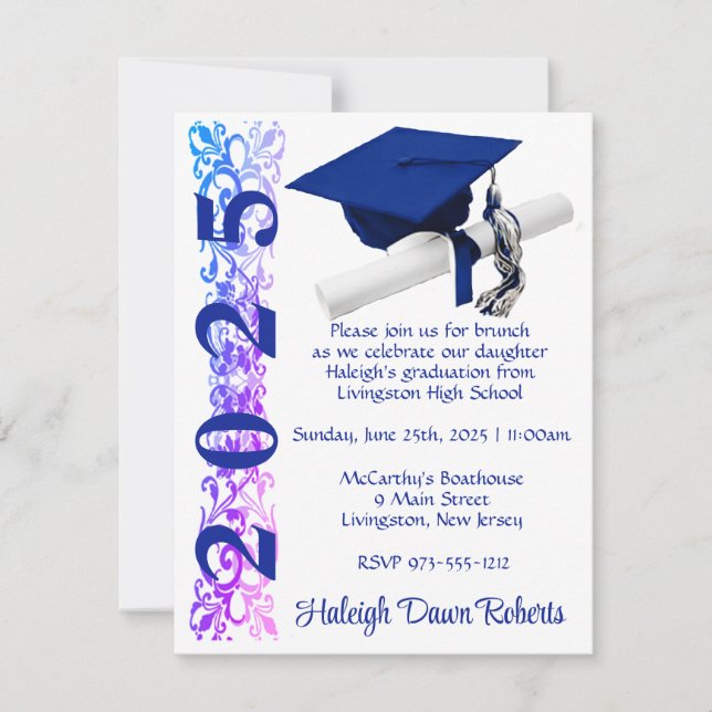 Cap & Diploma, Purple & Blue Hue Graduation Invitation (Front)