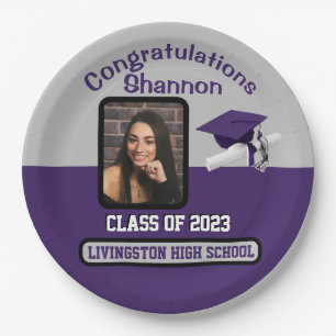 Cap & Diploma, Purple & Grey Graduation Paper Plate