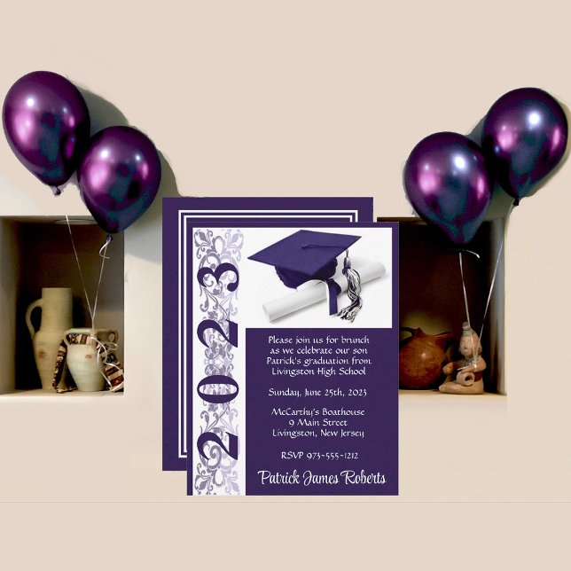 Cap & Diploma, Purple & White Graduation Invitation (Creator Uploaded)
