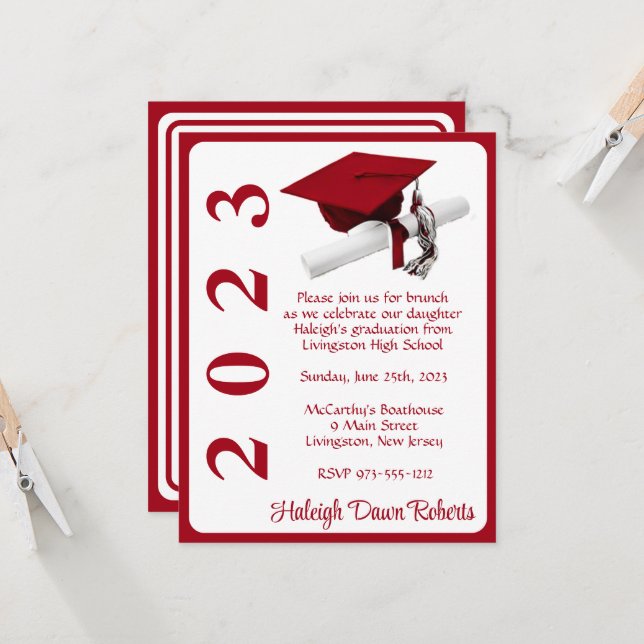 Cap & Diploma, Red Graduation Invitation (Front/Back In Situ)