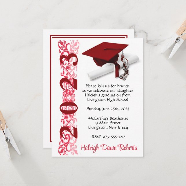 Cap & Diploma, Red Graduation Invitation (Front/Back In Situ)