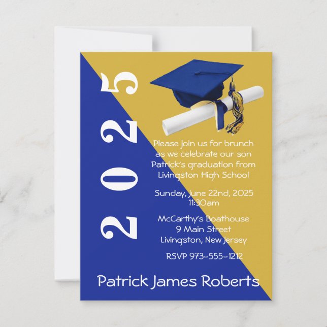 Cap & Diploma, Royal Blue Metallic Gold Graduation Invitation (Front)