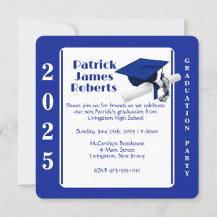 Cap & Diploma, Royal Blue  Rounded Graduation Invitation