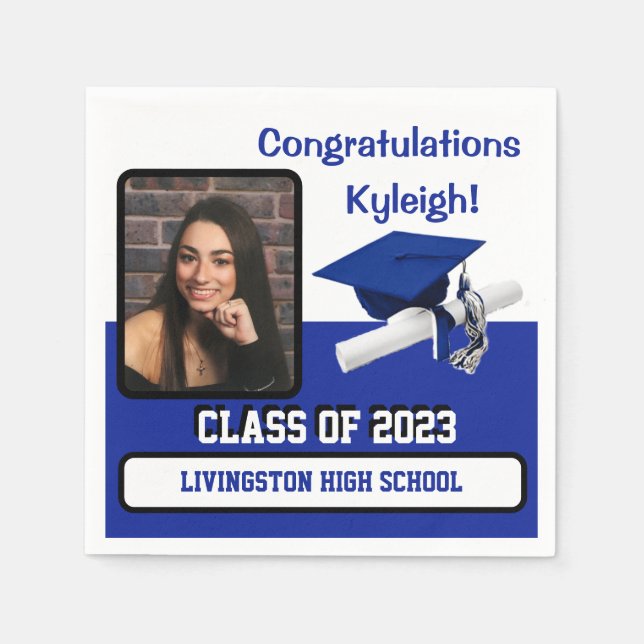 Cap & Diploma, Royal Blue & White Graduation Napkin (Front)