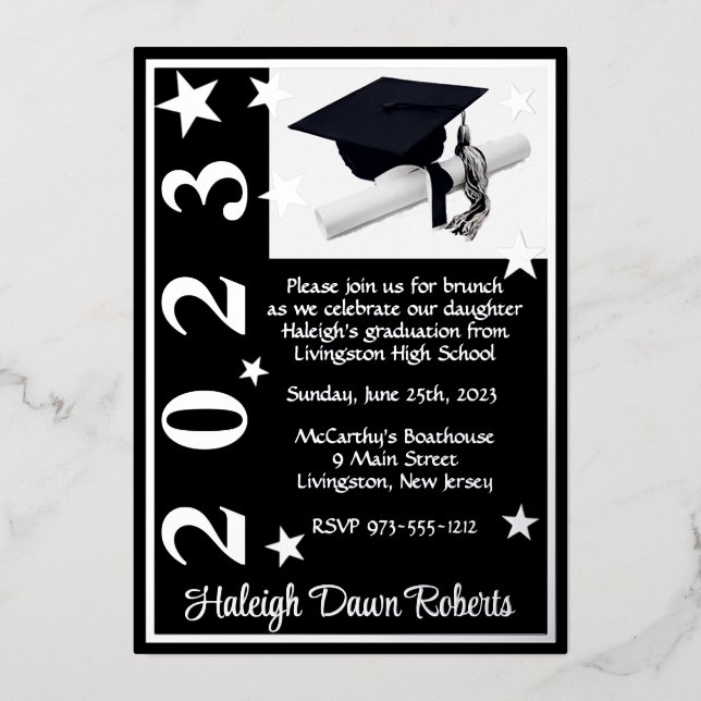 Cap, Diploma, & Stars, Black & Silver Graduation F (Front)
