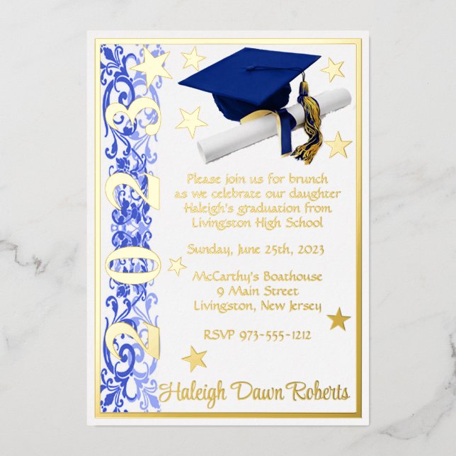 Cap, Diploma, & Stars, Blue, White, Graduation (Front)