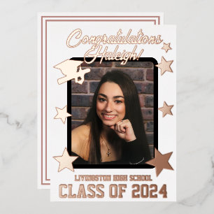 Cap, Diploma & Stars, White & Rose Gold Graduation