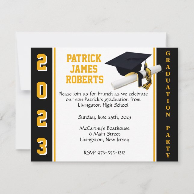 Cap & Diploma Varsity Black & Gold Graduation Invitation (Front)