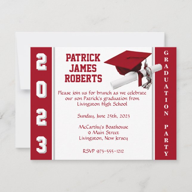 Cap & Diploma Varsity Red & Grey Graduation Invitation (Front)