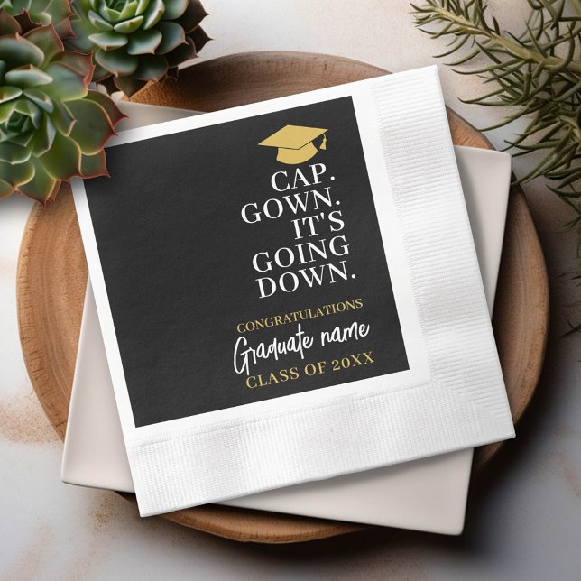 Cap Gown It's Going Down - Name Modern Graduation Napkin (Custom Graduation Party Napkin - Modern Black and Gold Design with Grad's Name)