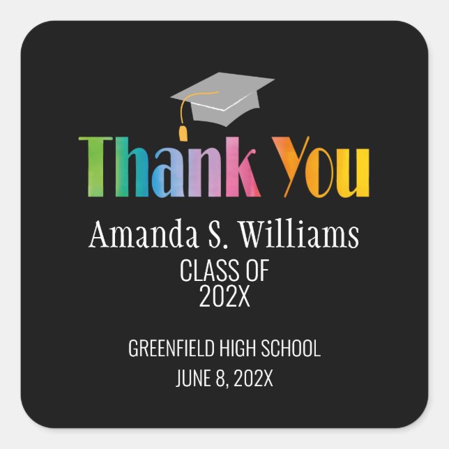 Cap Graduation Thank You Square Sticker (Front)
