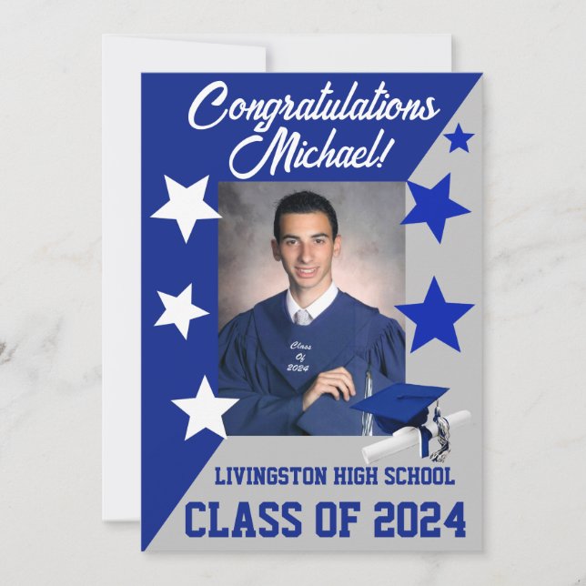 Cap & Stars 5x7 Royal Blue and Grey Graduation Invitation (Front)
