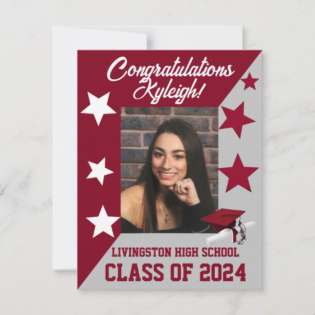 Cap & Stars Cardinal Red/White/Grey Graduation Invitation (Front)