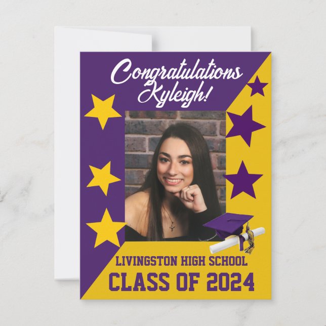 Cap & Stars Purple and Gold Graduation Invitation (Front)