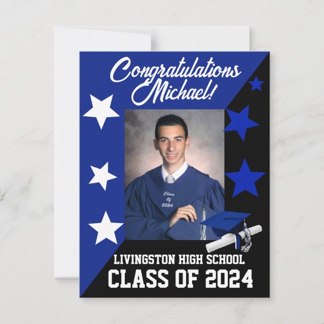 Cap & Stars Royal Blue & Black Graduation Invitation (Front)