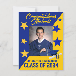 Cap & Stars Royal Blue & Gold Graduation Invitation