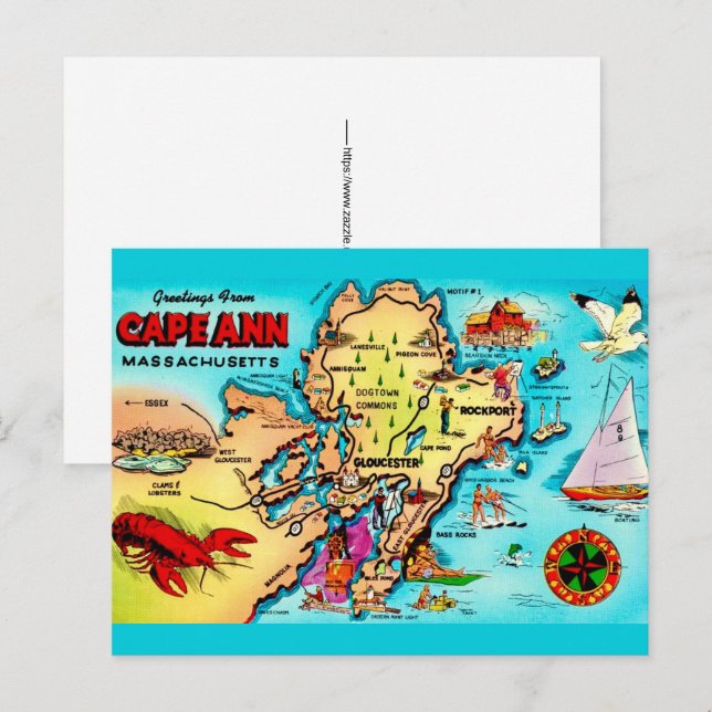 Cape Ann MA Colourful Map Postcard (Front/Back)