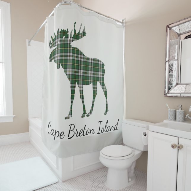 Cape Breton Island moose tartan shower curtain (In Situ)