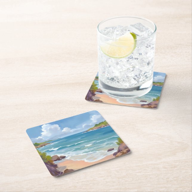 Cape Cod Beach Bay Ocean Painting Square Paper Coaster (Insitu)
