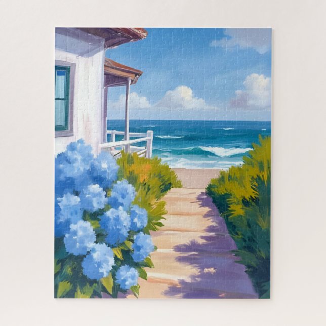 Cape Cod Beach Path | Hydrangea Coastal Painting Jigsaw Puzzle (Vertical)